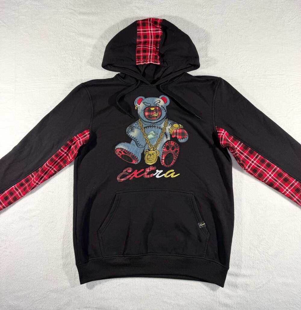 Screenshot Men's Large Black Hoodie with Plaid Accents and Graphic Bear Print